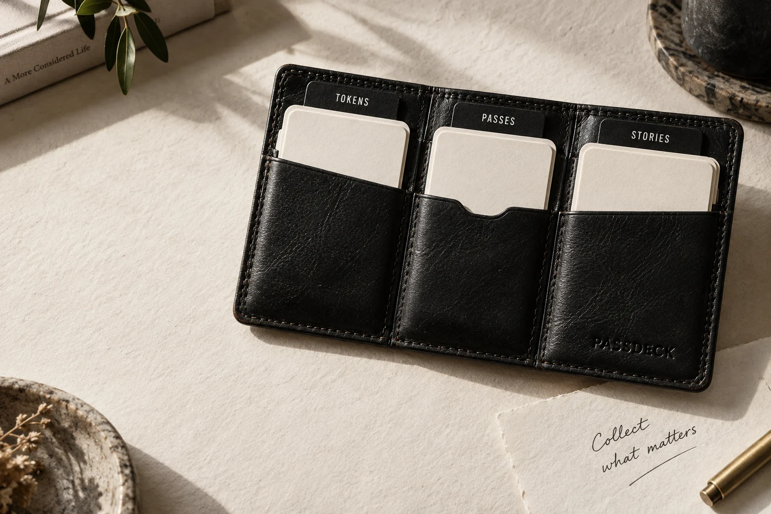 Black leather PASSDECK wallet with TOKENS, PASSES and STORIES dividers